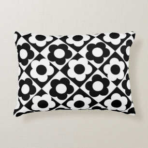Black and White Diamond Check Flower Pattern Accent Pillow