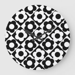 Black and White Diamond Check Flower Pattern Large Clock