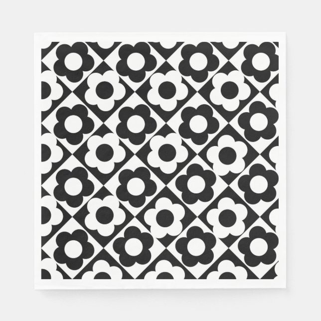 Black and White Diamond Check Flower Pattern Napkin (Front)
