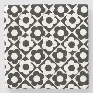 Black and White Diamond Check Flower Pattern Stone Coaster