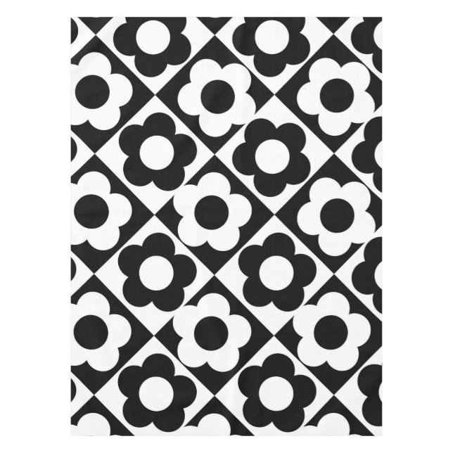 Black and White Diamond Check Flower Pattern Tablecloth (Front)