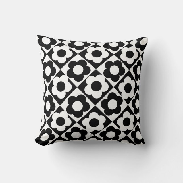 Black and White Diamond Check Flower Pattern Throw Pillow (Front)