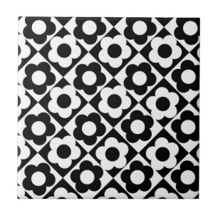 Black and White Diamond Check Flower Pattern Tile