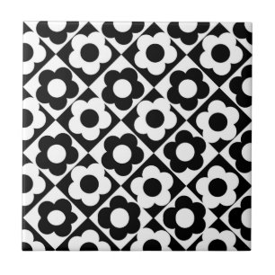 Black and White Diamond Check Flower Pattern Tile