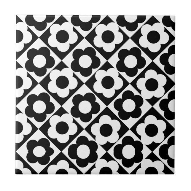 Black and White Diamond Check Flower Pattern Tile (Front)
