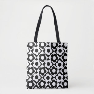 Black and White Diamond Check Flower Pattern Tote Bag
