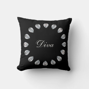 Black and White Diamond Diva Monogram Throw Pillow