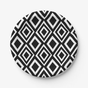 Black and White Diamond Geometric Pattern Party Paper Plate