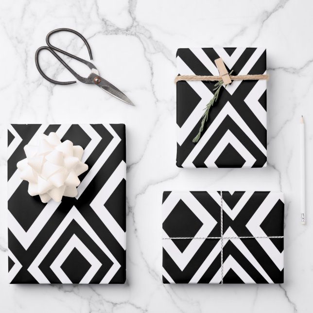 Black and White Diamond Geometric  Wrapping Paper Sheet (Front)