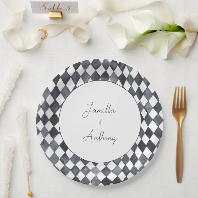 Black and White Diamond Paper Plate (Wedding)