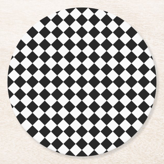 Black and White Diamond Pattern by Shirley Taylor Round Paper Coaster (Front)