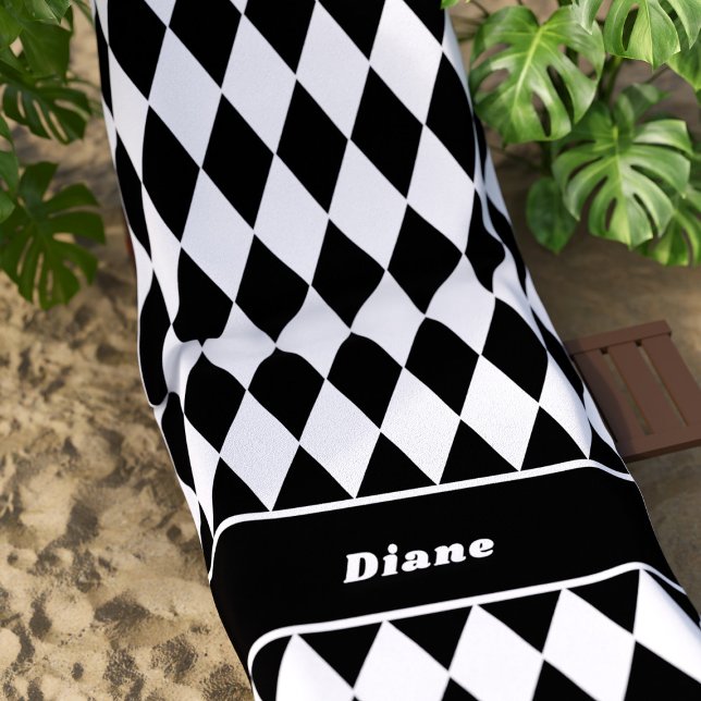 Black and White Diamond Pattern Personalized Beach Towel (A fun black and white diamond checkered pattern beach towel with space for your name)
