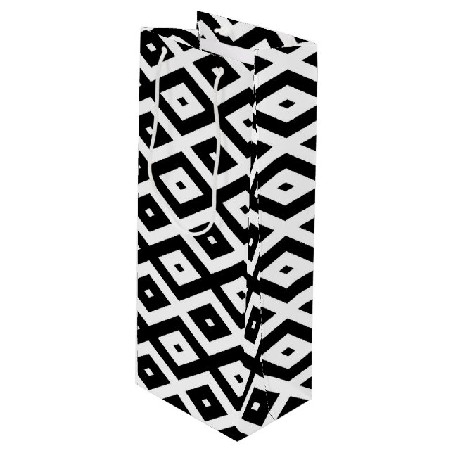 Black and white diamond pattern wine gift bag (Front Angled)