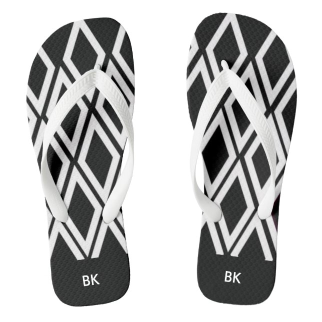 Black and White Diamonds With Initials Flip Flops (Footbed)