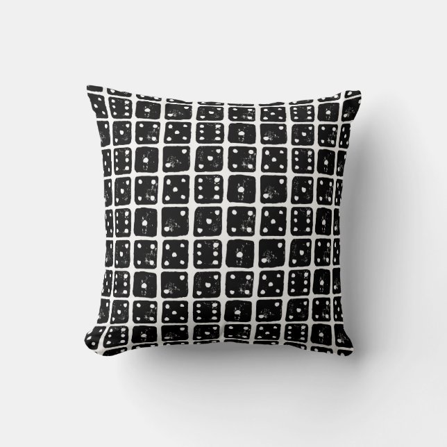 Black and White Dice 1-6 Linocut Throw Pillow (Front)