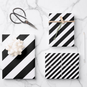 Black and White Different Sizes Diagonal Stripes Wrapping Paper Sheet