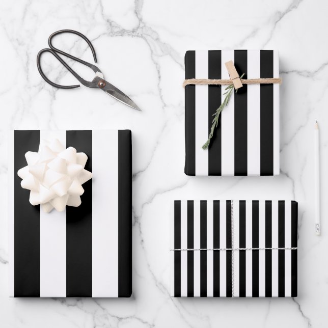 Black and White Different Sizes Vertical Stripes Wrapping Paper Sheet (Front)