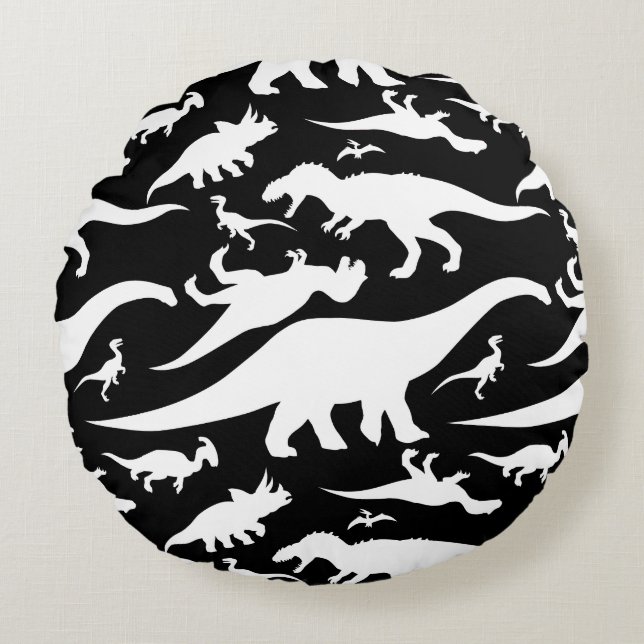 Black and White Dinosaur Pattern Round Pillow (Front)