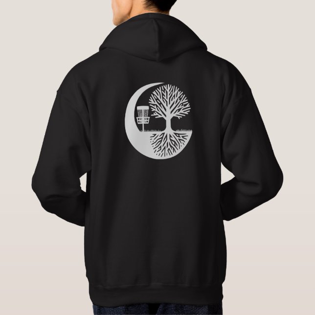 Black and white Disc Golf and Tree Roots   Hoodie (Back)