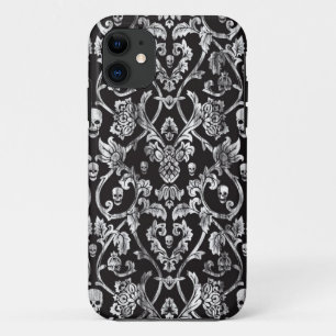 Black and white distressed skull damask pattern. iPhone 11 case