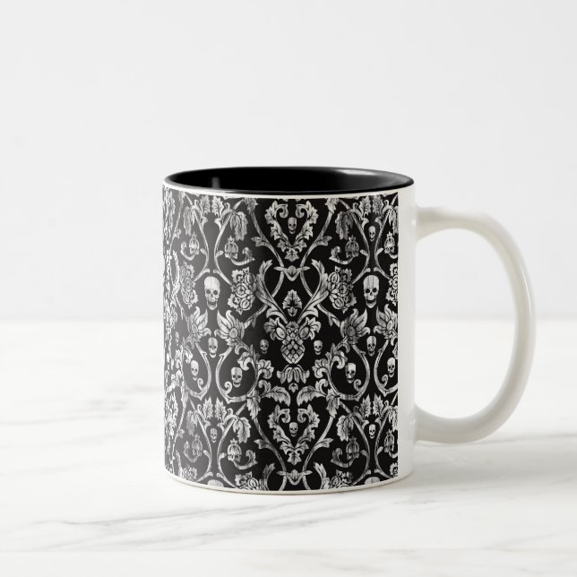 Black and white distressed skull damask. Two-Tone coffee mug (Right)