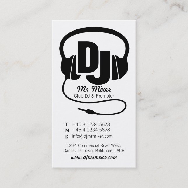 Black and white DJ promoter business card (Front)