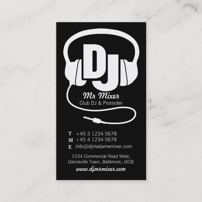 Black and white DJ promoter business card (Front)