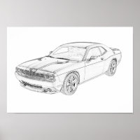 Black and White Dodge Challenger Pencil Drawing