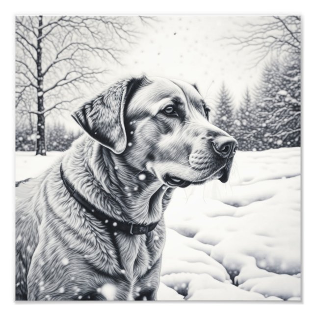 Black and White Dog AI Sketch Winter Scene Photo Print (Front)