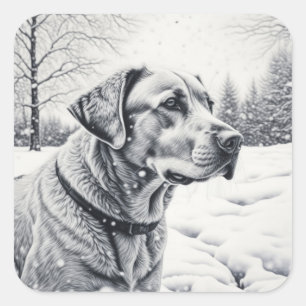 Black and White Dog AI Sketch Winter Scene Square Sticker