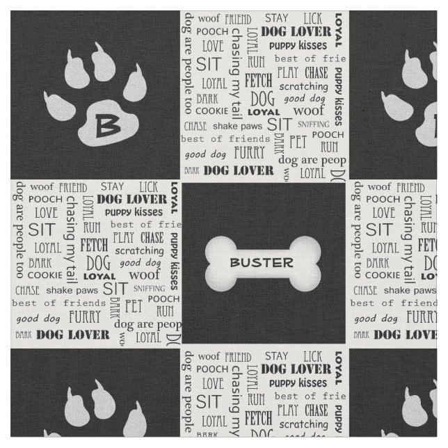 Black and White Dog Bone | Name and Monogram Fabric (Close Up)