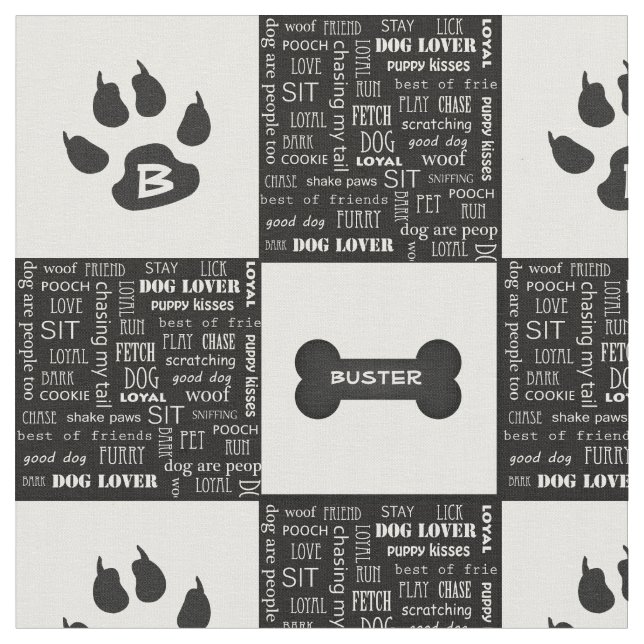 Black and White Dog Bone | Name and Monogram Fabric (Close Up)