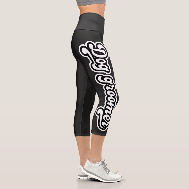 Black and White Dog Groomer Bold Typography  Capri Leggings (Right)