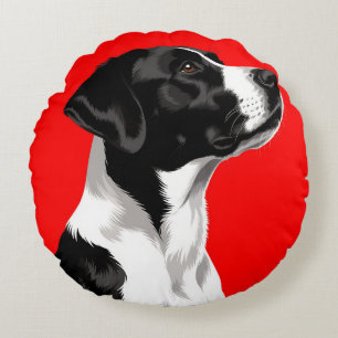 Black and White Dog on Bold Red Background Round Pillow