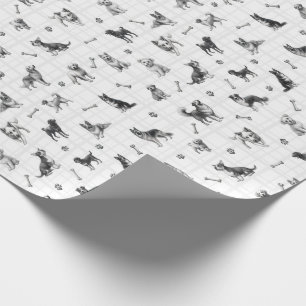 Black and white dog pattern with different breeds wrapping paper