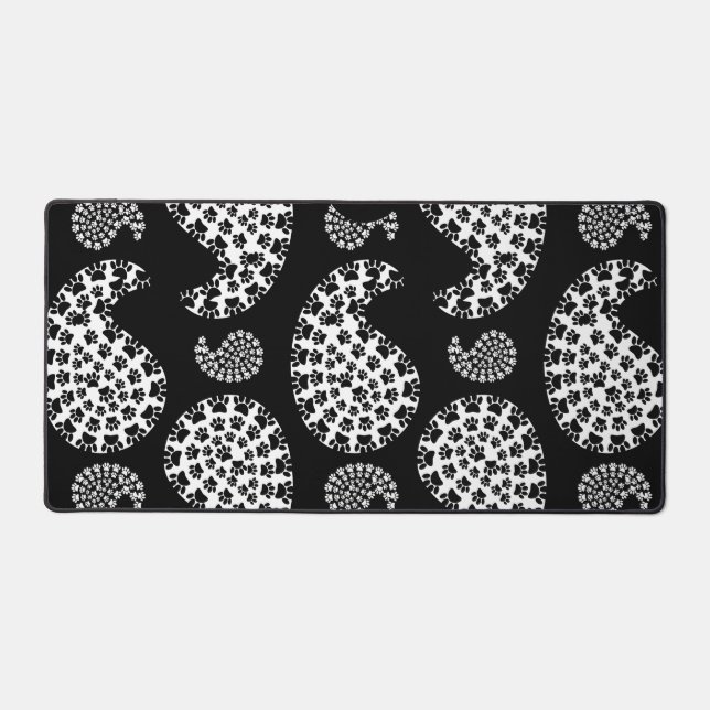 Black And White Dog Paw Paisley Print Desk Mat (Front)