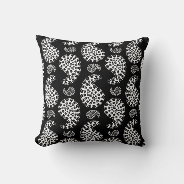Black And White Dog Paw Paisley Print Throw Pillow (Front)