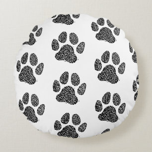 Black and White Dog Paw Print Linocut Round Pillow