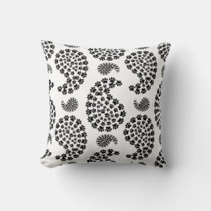 Black And White Dog Paw Print Paisley Pattern Throw Pillow