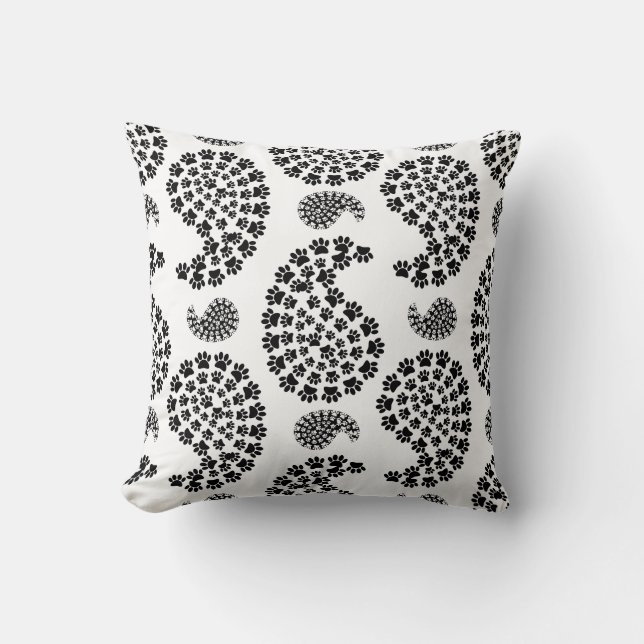Black And White Dog Paw Print Paisley Pattern Throw Pillow (Front)