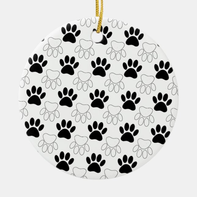 Black And White Dog Paw Print Pattern Ceramic Ornament (Front)