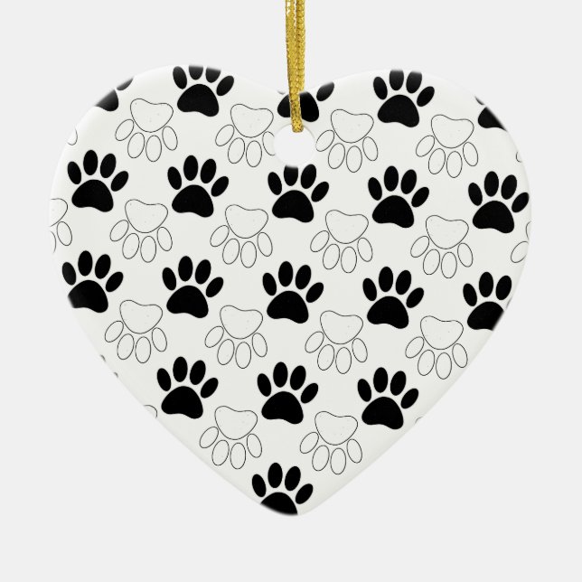 Black And White Dog Paw Print Pattern Ceramic Ornament (Front)