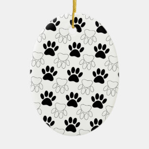 Black And White Dog Paw Print Pattern Ceramic Ornament