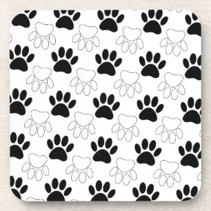 Black And White Dog Paw Print Pattern Coaster