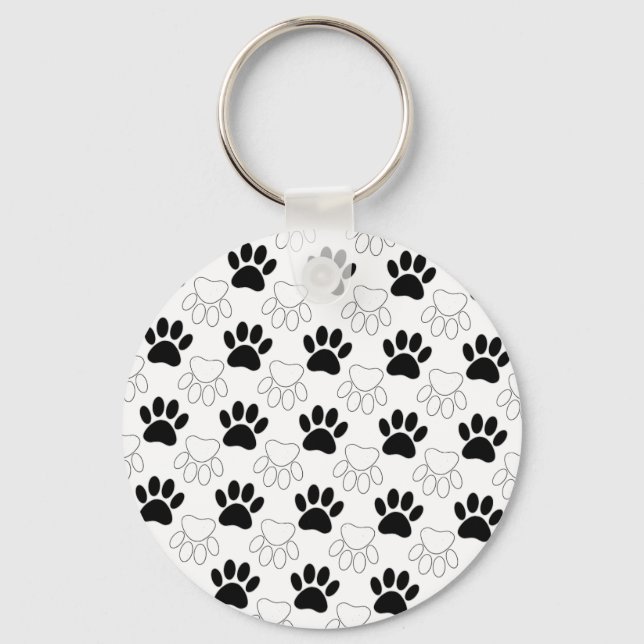 Black And White Dog Paw Print Pattern Keychain (Front)