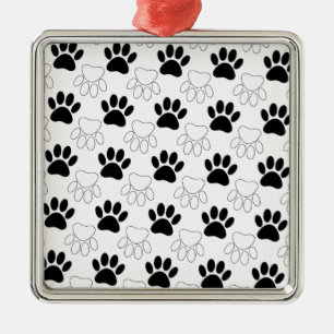 Black And White Dog Paw Print Pattern Metal Ornament