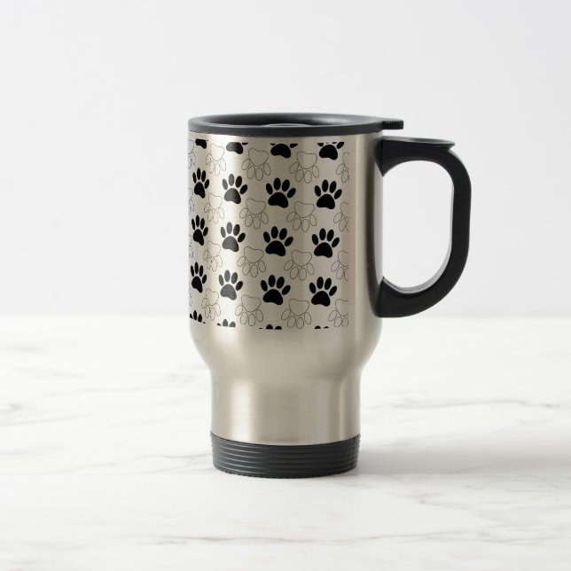 Black And White Dog Paw Print Pattern Travel Mug (Right)