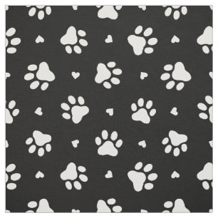Black and White Dog Paw Prints and Hearts Pattern Fabric