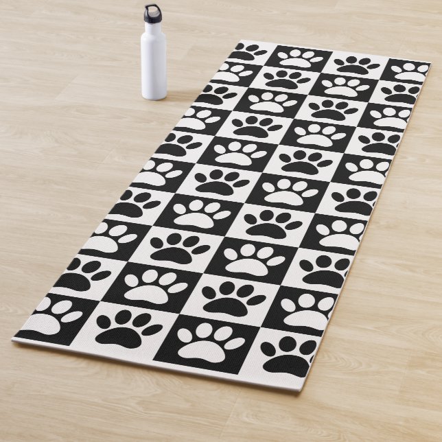 Black And White Dog Paw Prints In Squares Yoga Mat (In Situ)