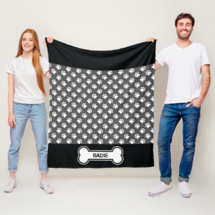 Black And White Dog Paws And Bone With Name Fleece Blanket